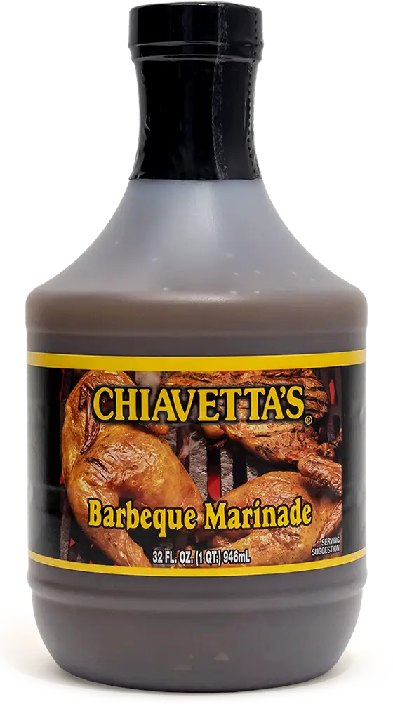 Chiavetta's signature BBQ products including bottled marinades, dressings, sauces, and special blend BBQ potato chips available for purchase.